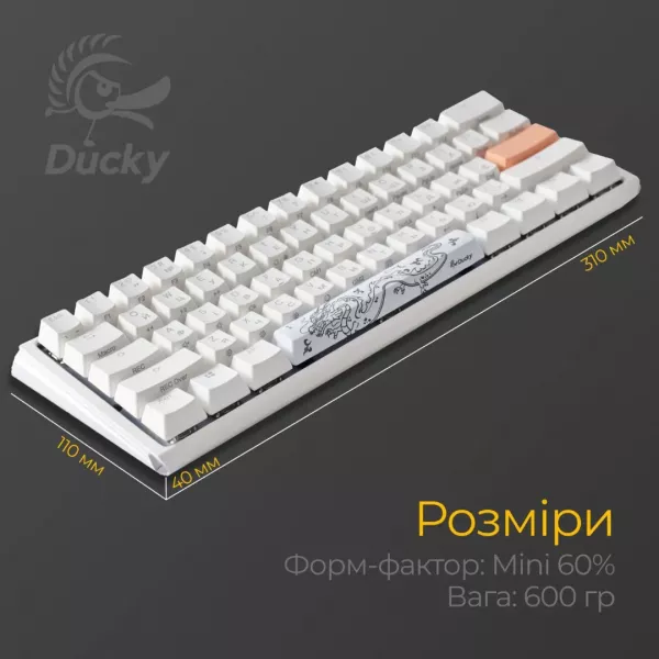 Клавіатура ігрова Ducky One 3 Mini Cherry MX Red RGB (White) (UA)